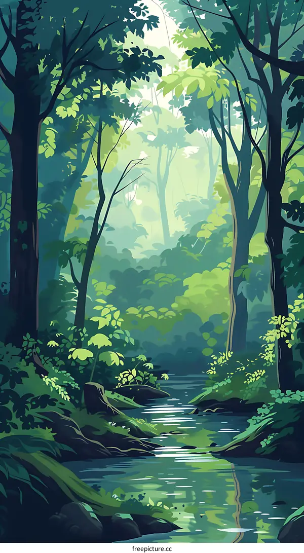 Green Forest Landscape Illustration with River