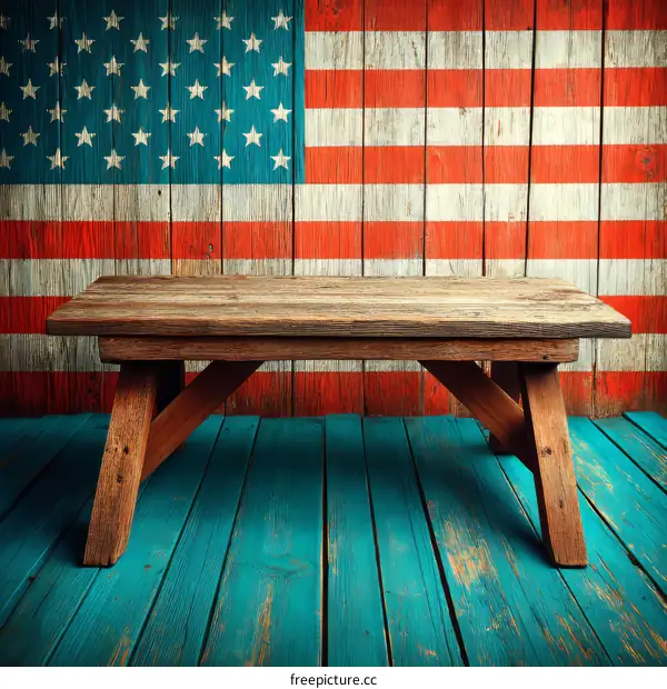 Empty Wooden Picnic Table Against American Flag Wall