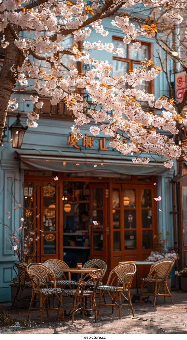 European Architecture and Pink Cherry Blossoms