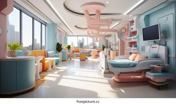 Modern Hospital Room with Bed, Crib, and Seating Area