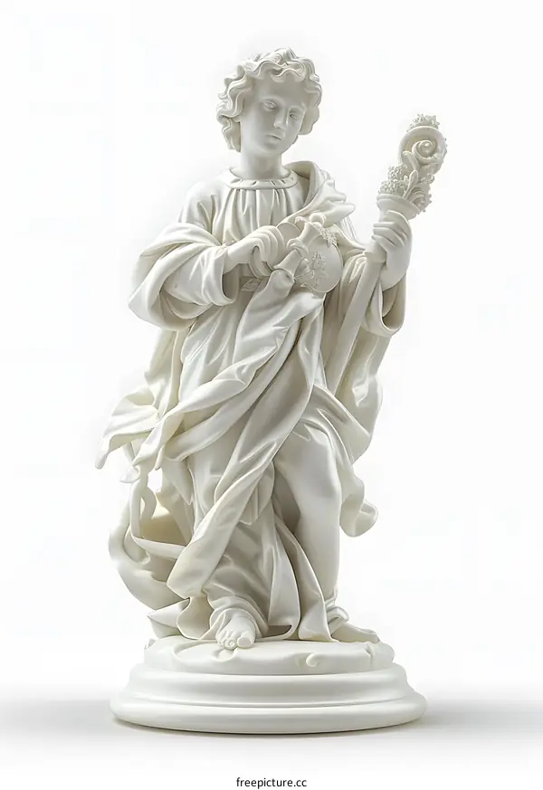White marble statue of a young saint holding a staff