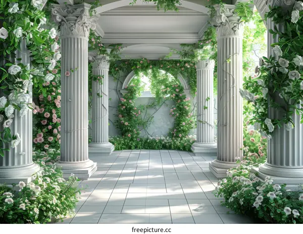Elegant Garden Colonnade with Blossoming Roses
