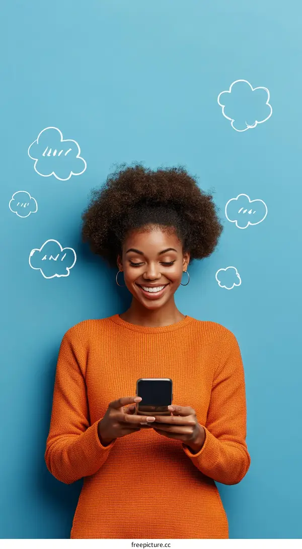 Smiling Black Woman Using Smartphone in Thoughtful Pose