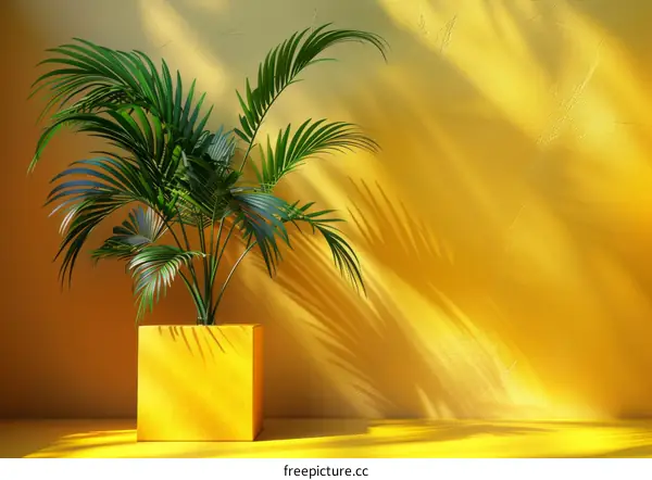 A potted plant in front of a yellow wall