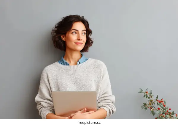 Thoughtful Woman Holding Laptop in Front of Gray Wall