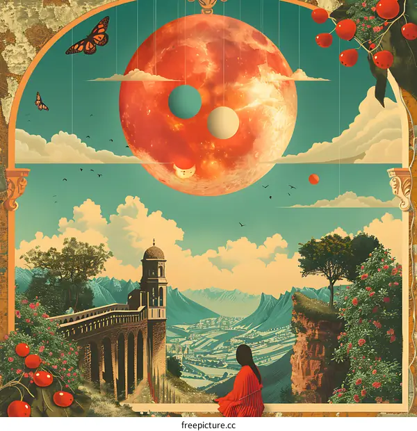 Surreal Landscape with Red Planet and Woman in Red Dress