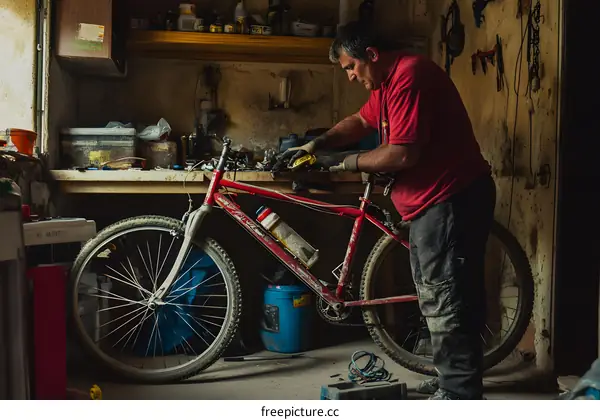 Man in Red Shirt Fixing a Bicycle in a Workshop