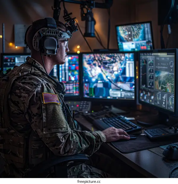 Soldier using a computer in a dark room