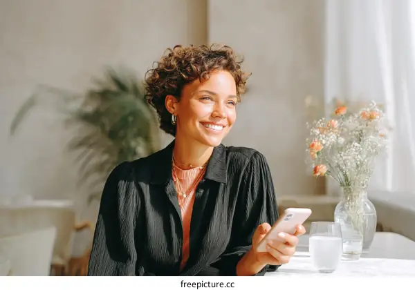 Smiling Woman Using Smartphone in Cafe