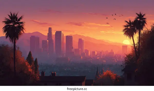 Sunset over Los Angeles Skyline Illustration
