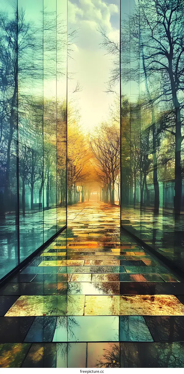 Glass Wall Reflection Of Trees And Sky