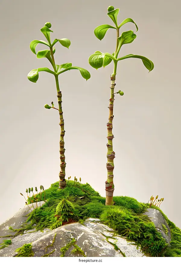 Two Green Plants Growing Out of Rock and Moss