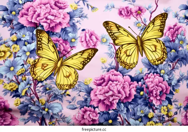 Two yellow butterflies on pink floral background