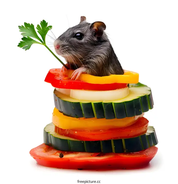 A Gerbil Enjoying a Colorful Vegetable Stack