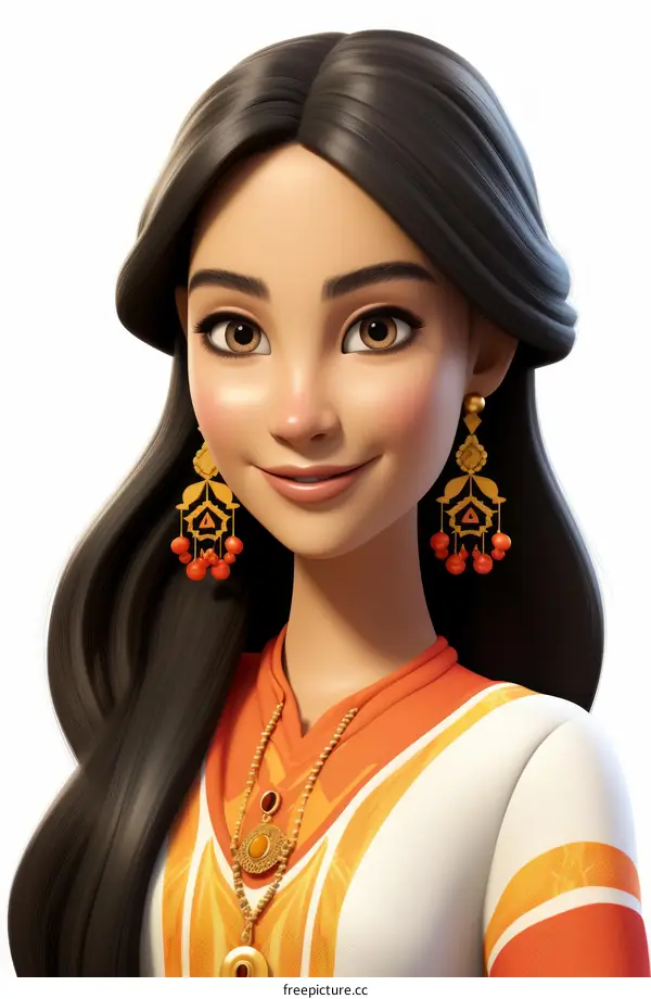 A beautiful young woman with long black hair and brown eyes is smiling.