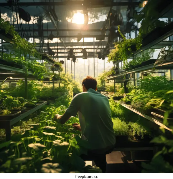 Male botanist working in a greenhouse