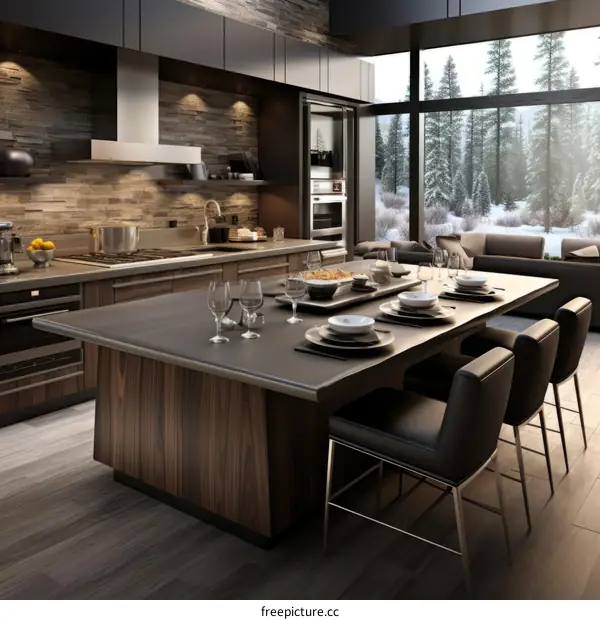 kitchen island with wood base and grey top
