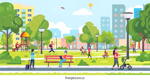 People Relaxing in a Park with Green Trees and Buildings in the Background