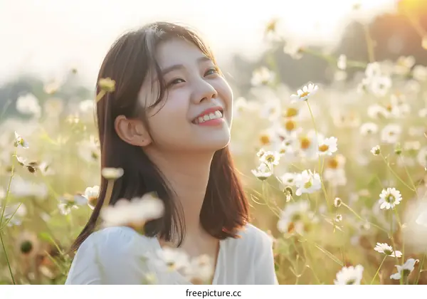 Smiling Woman in a Field of Daisies