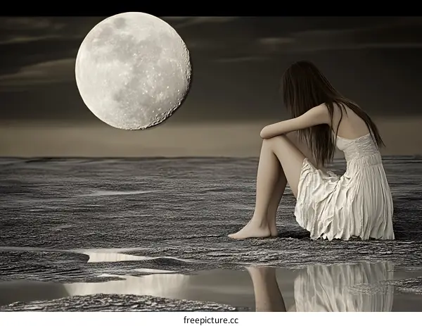 Woman Sitting Alone Under the Moon