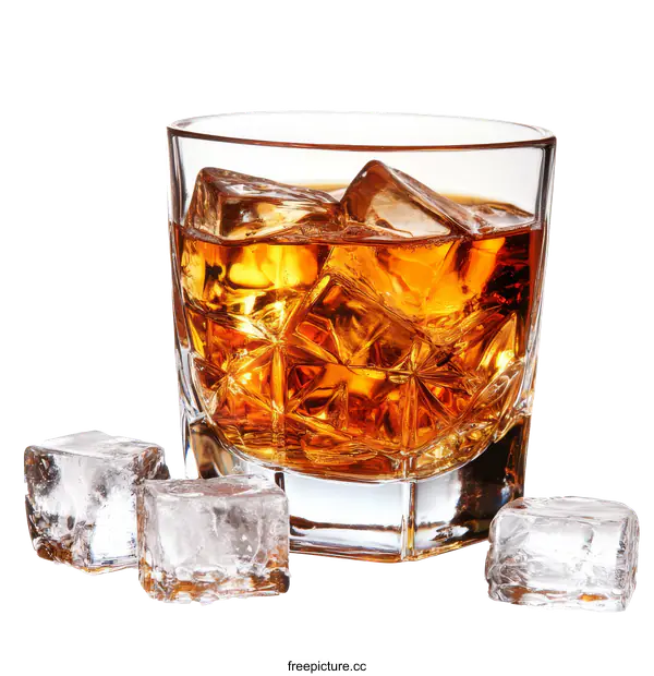 [Transparent Background PNG]A Glass of Whiskey with Ice Cubes