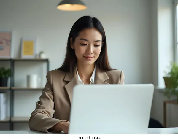 Smiling Asian Woman Working on Laptop in Modern Office