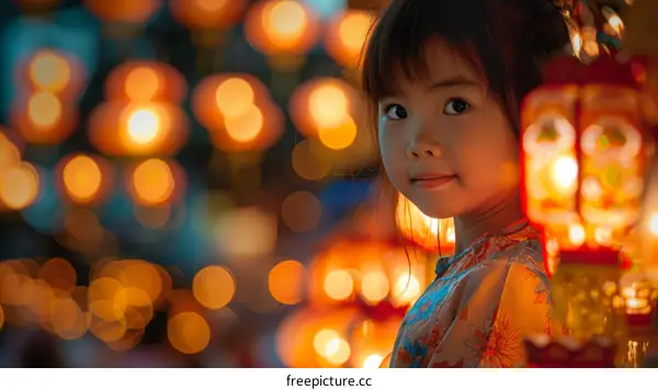 A young girl standing in front of a lantern during a lantern festival.