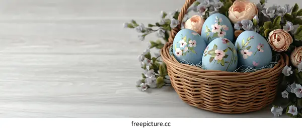 Easter Eggs in a Basket with Flowers