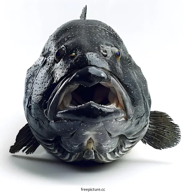 A large black fish with its mouth open