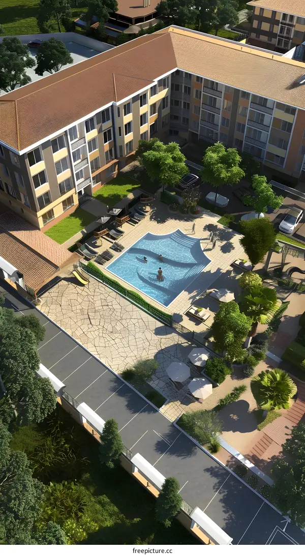 Aerial View of Apartment Building with Swimming Pool