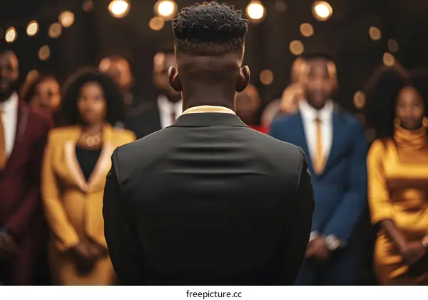 African American Man in Suit Standing in Front of Crowd