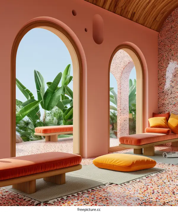 Modern interior space with pink walls and arched windows