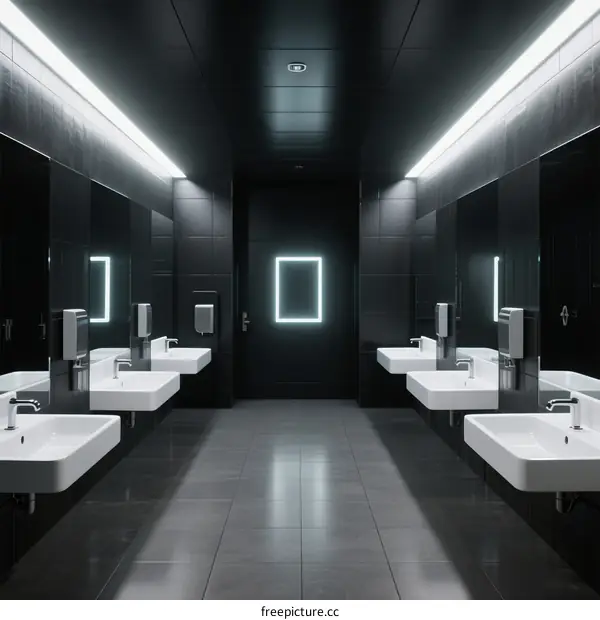 Modern Public Restroom with Black Tiles and LED Lighting