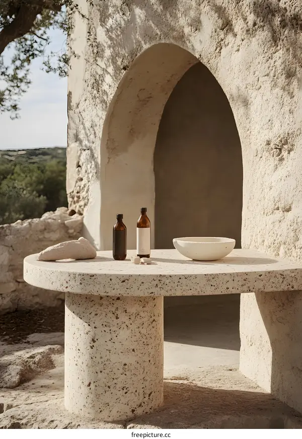Stone Table and Archway in a Minimalist Setting