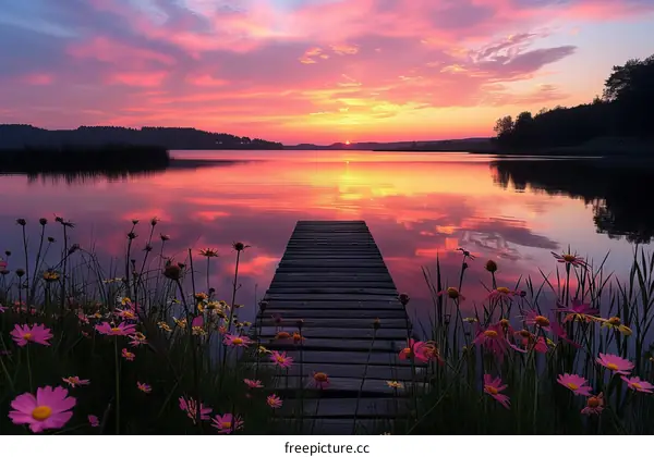 Wooden dock jutting out into a lake at sunset with pink flowers in the foreground