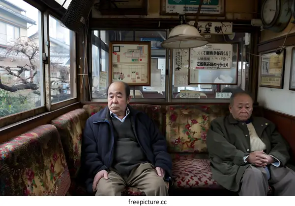 Two Elderly Japanese Men Sitting on a Bench in a Train