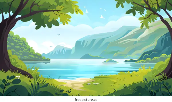 Green Mountain Lake Landscape Illustration