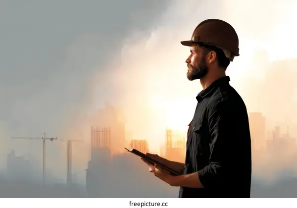Construction worker overseeing a city under construction