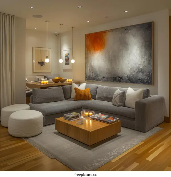 A living room with a large gray couch, a wooden coffee table, and a large painting on the wall