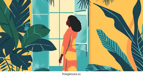 Woman Standing By Window With Tropical Plants