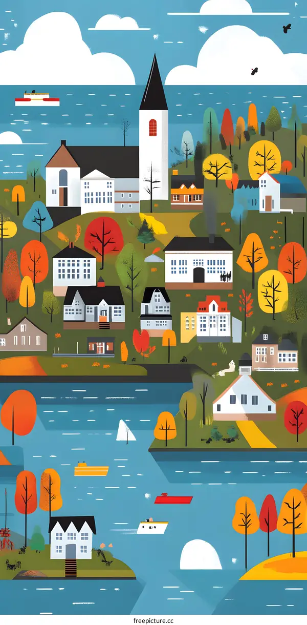 Colorful Illustration of a Small Town by the Sea with Houses, Trees, and Boats
