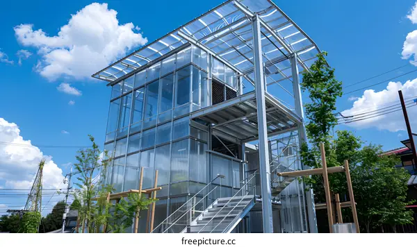 Modern Glass Building with Metal Frame and a Canopy