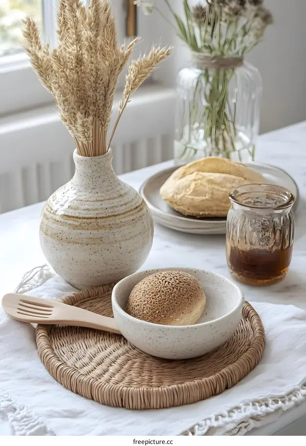 Closeup of a Rustic Kitchen Table Setting with Bread and Dried Flowers in a Vase