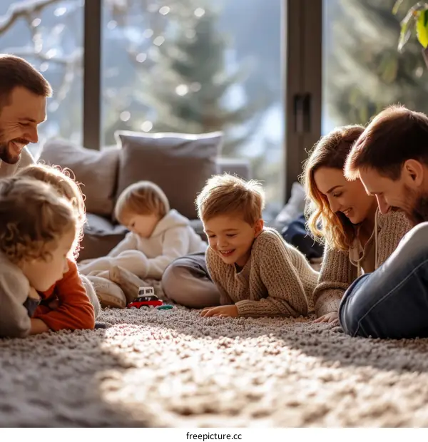 Family of five relaxing in the living room