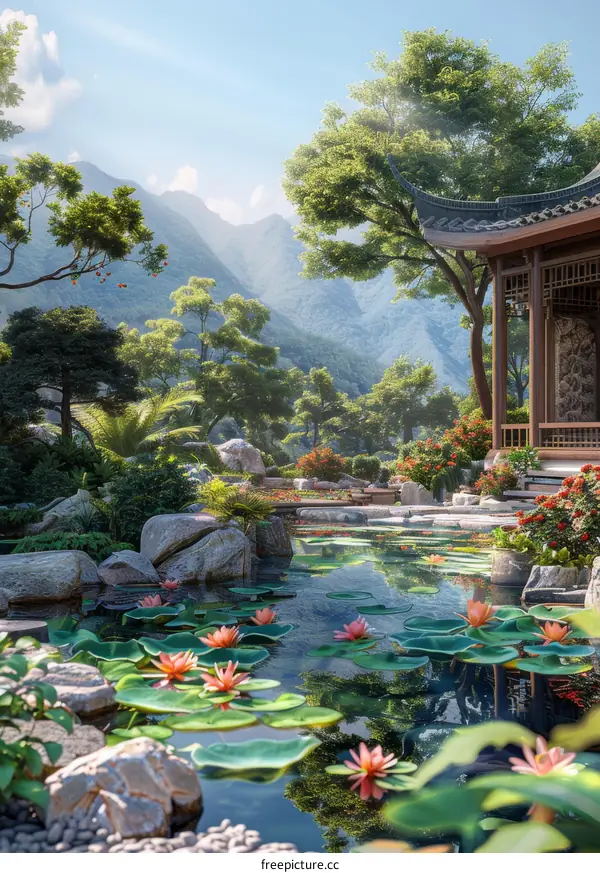 Classical Chinese Garden with Pavilion, Tower, and Water