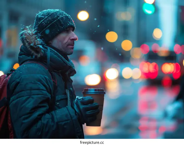 Man in winter clothes holding a coffee cup in a snowy city street with blurred traffic lights in the background