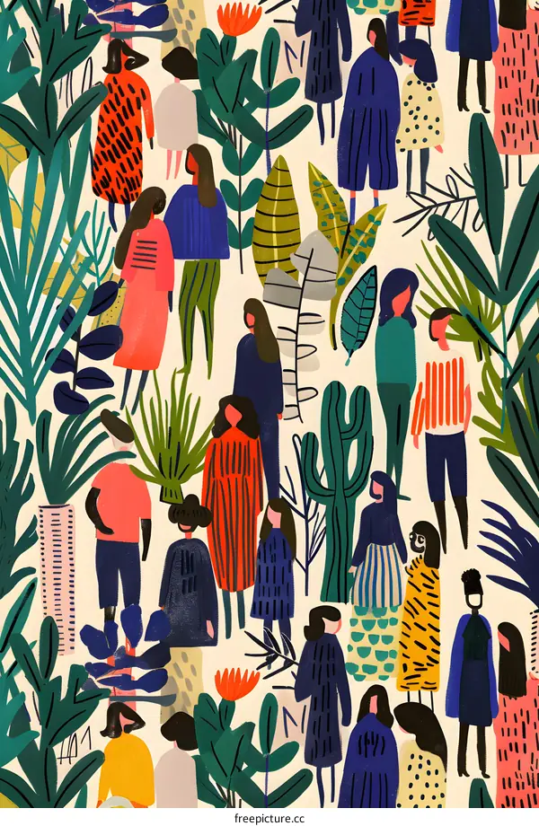 Colorful Illustration of People Standing Among Plants