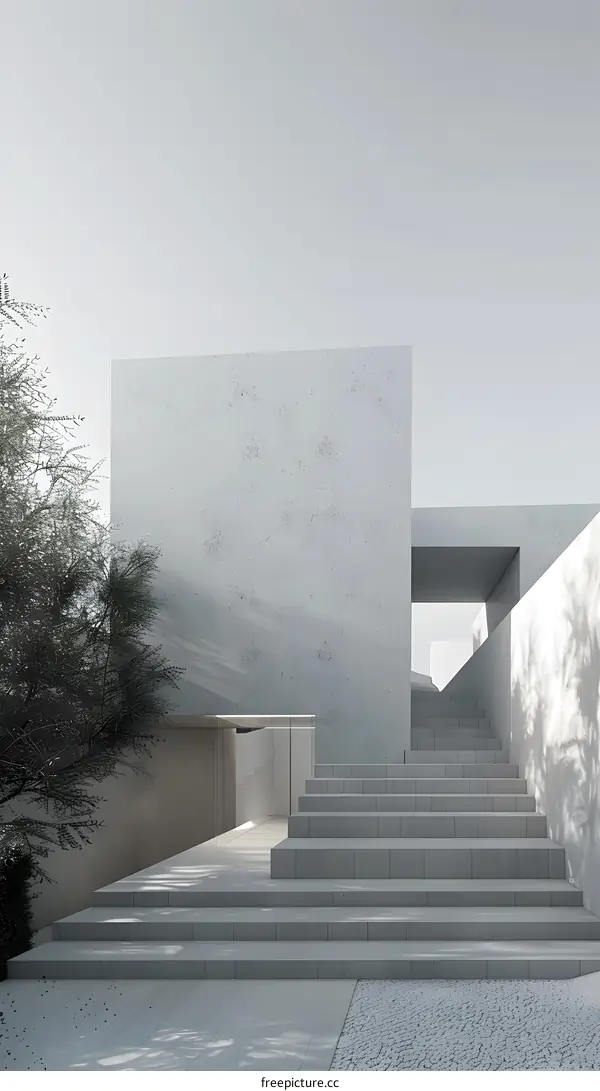 Minimalist Concrete Building With Steps And Tree
