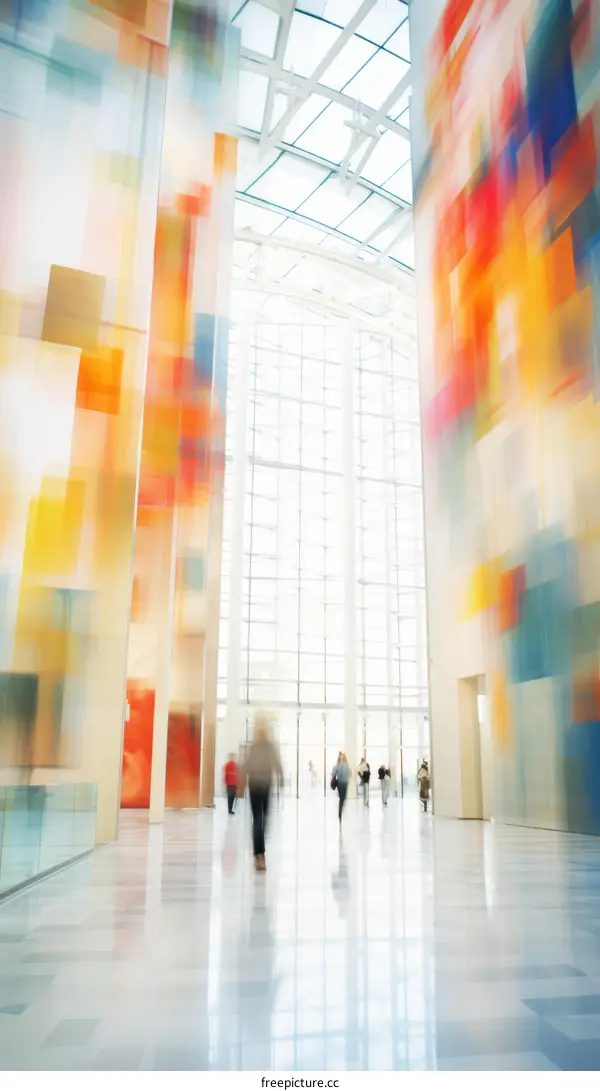 Colorful Blurred Motion of People Walking in a Modern Glass and Steel Building