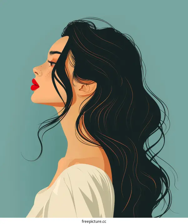 An illustration of a woman with long black hair and red lips in profile